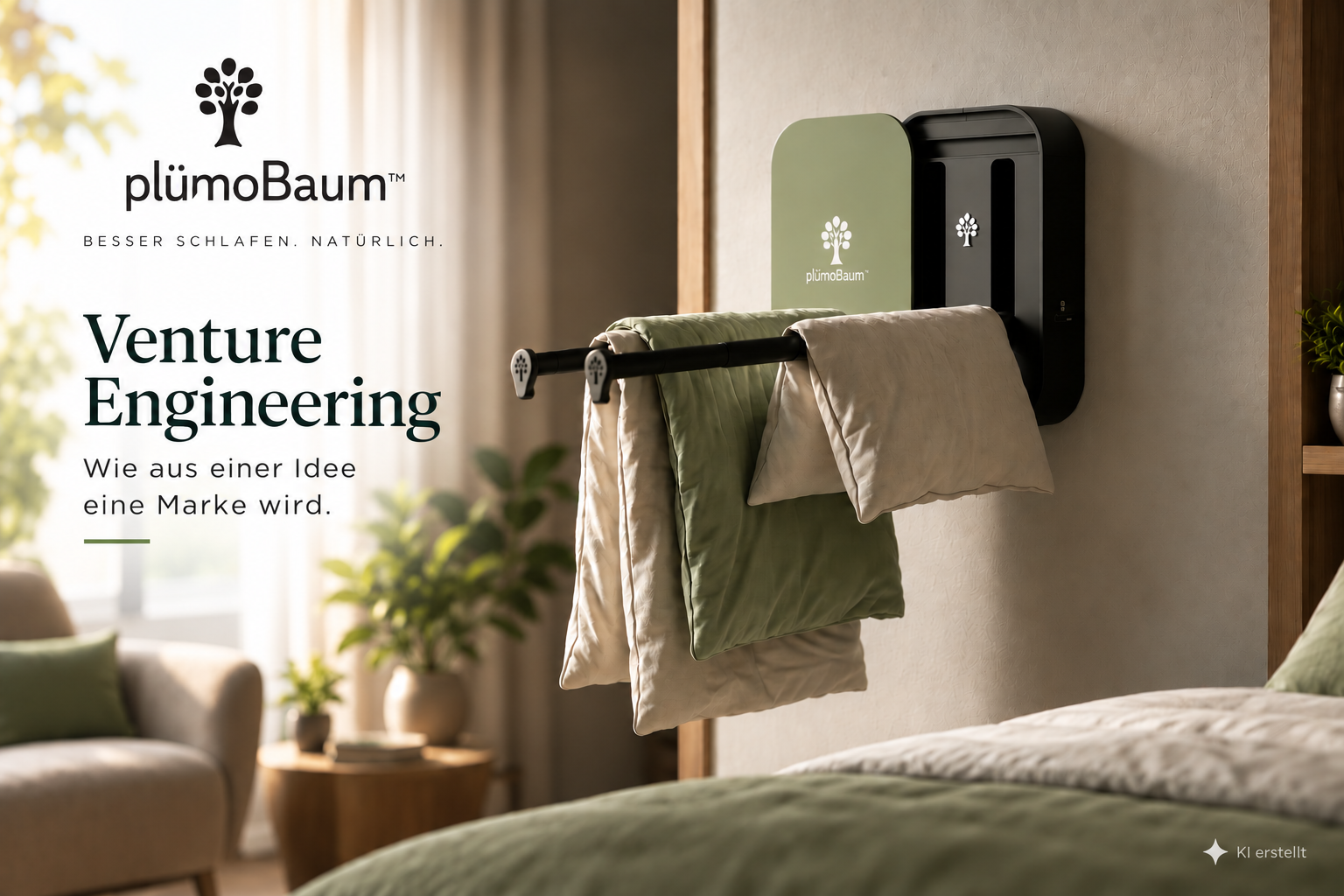 PlümoBaum-Werbemotiv mit wandmontierter Halterung für Bettdecken im Schlafzimmer und Schriftzug „Venture Engineering“.