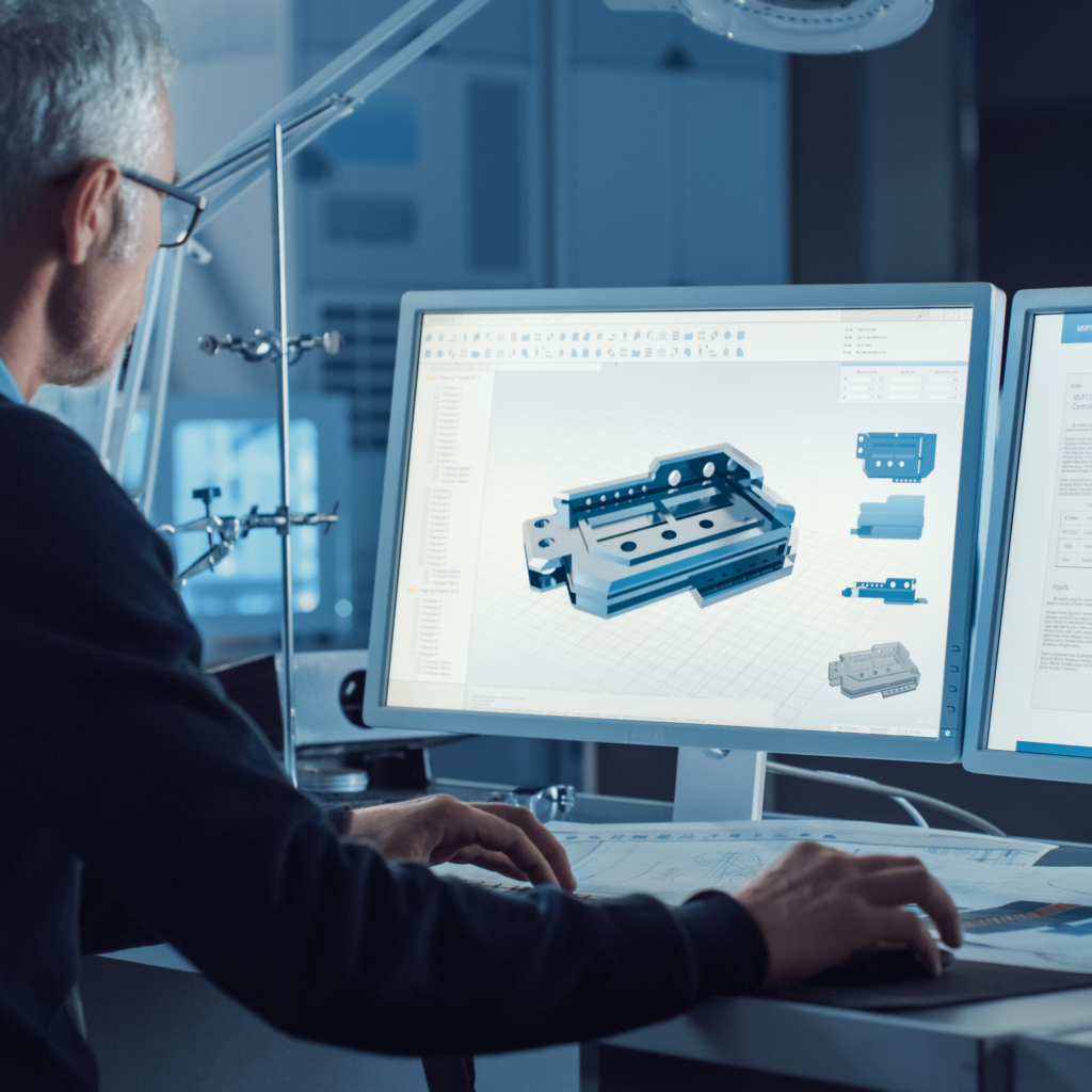 Ein Mann sitz am Schreibtisch und konstruiert Bauteile am PC über eine CAD-Software unterstützt von KI-Anwendungen.