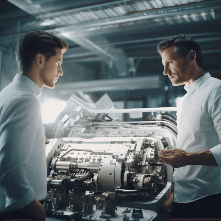 Zwei Männer im weißen Hemd stehen vor einer Maschine und führen eine Unterhaltung über Engineering.
