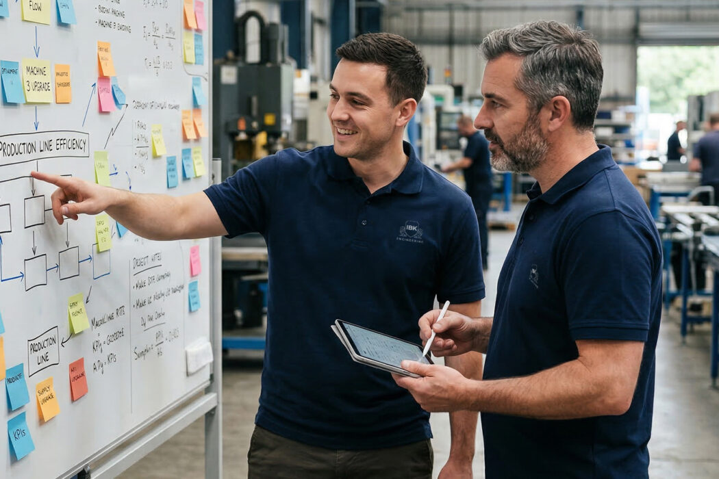 Zwei Mitarbeitende besprechen in einer Produktionshalle Prozessabläufe an einem Whiteboard mit Diagrammen und Notizzetteln.