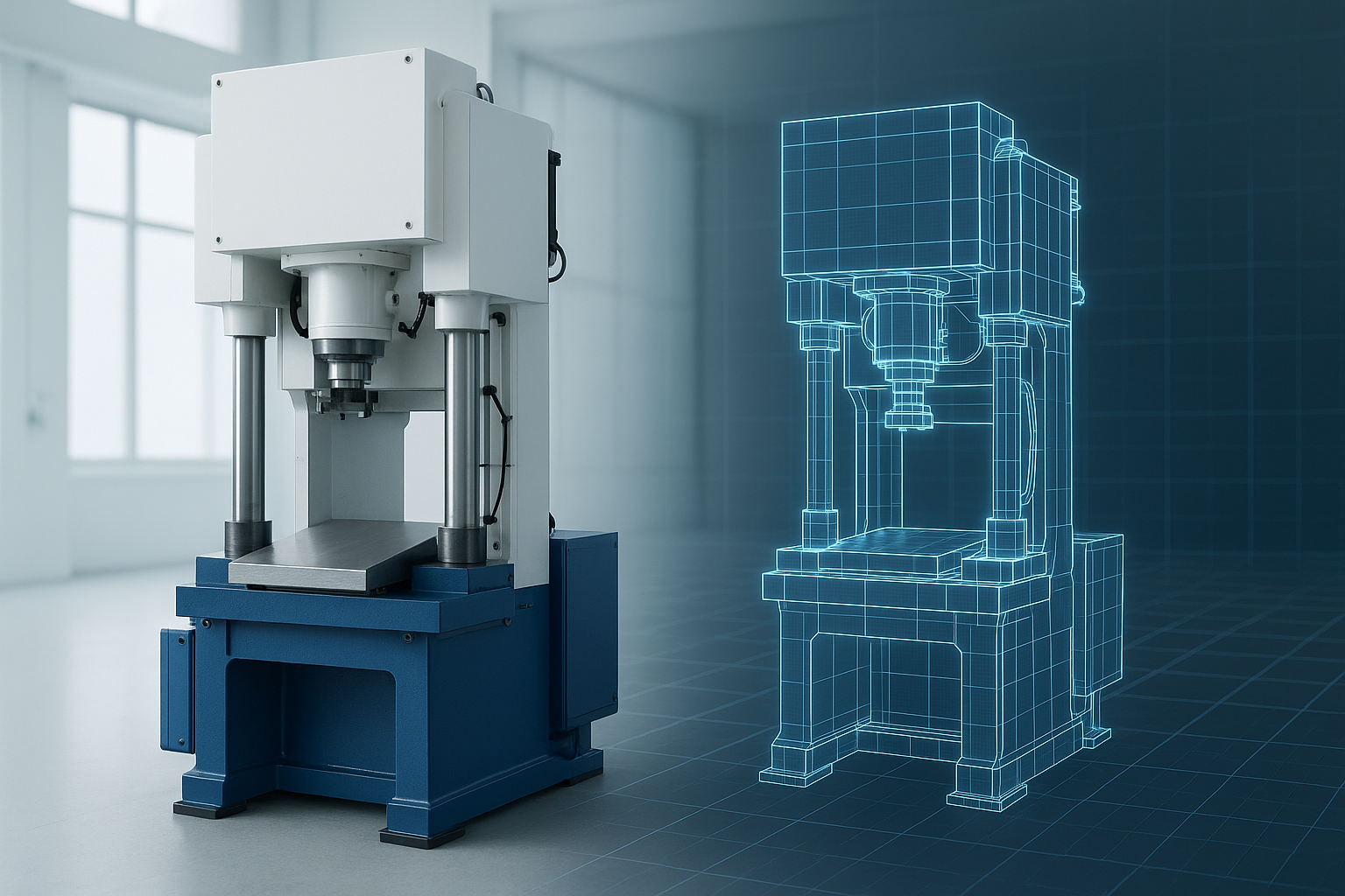 Blechumformmaschine in einer Halle mit 3D-Modell als "Digital Twin" daneben.